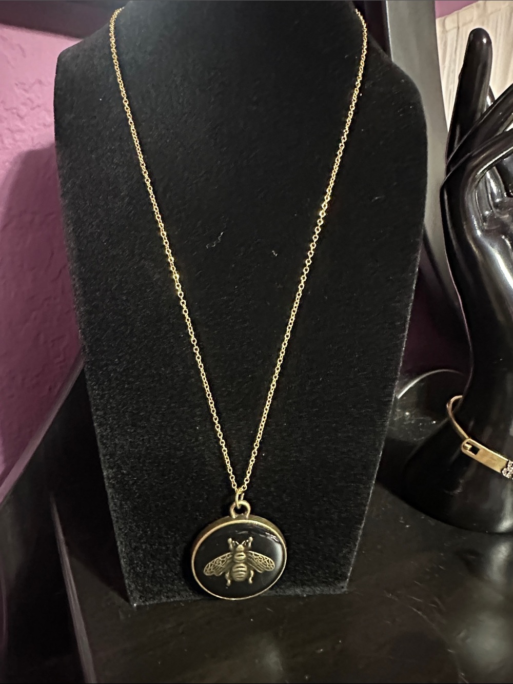 Gucci Gold-Tone Bee Medallion Necklace with Black Enamel